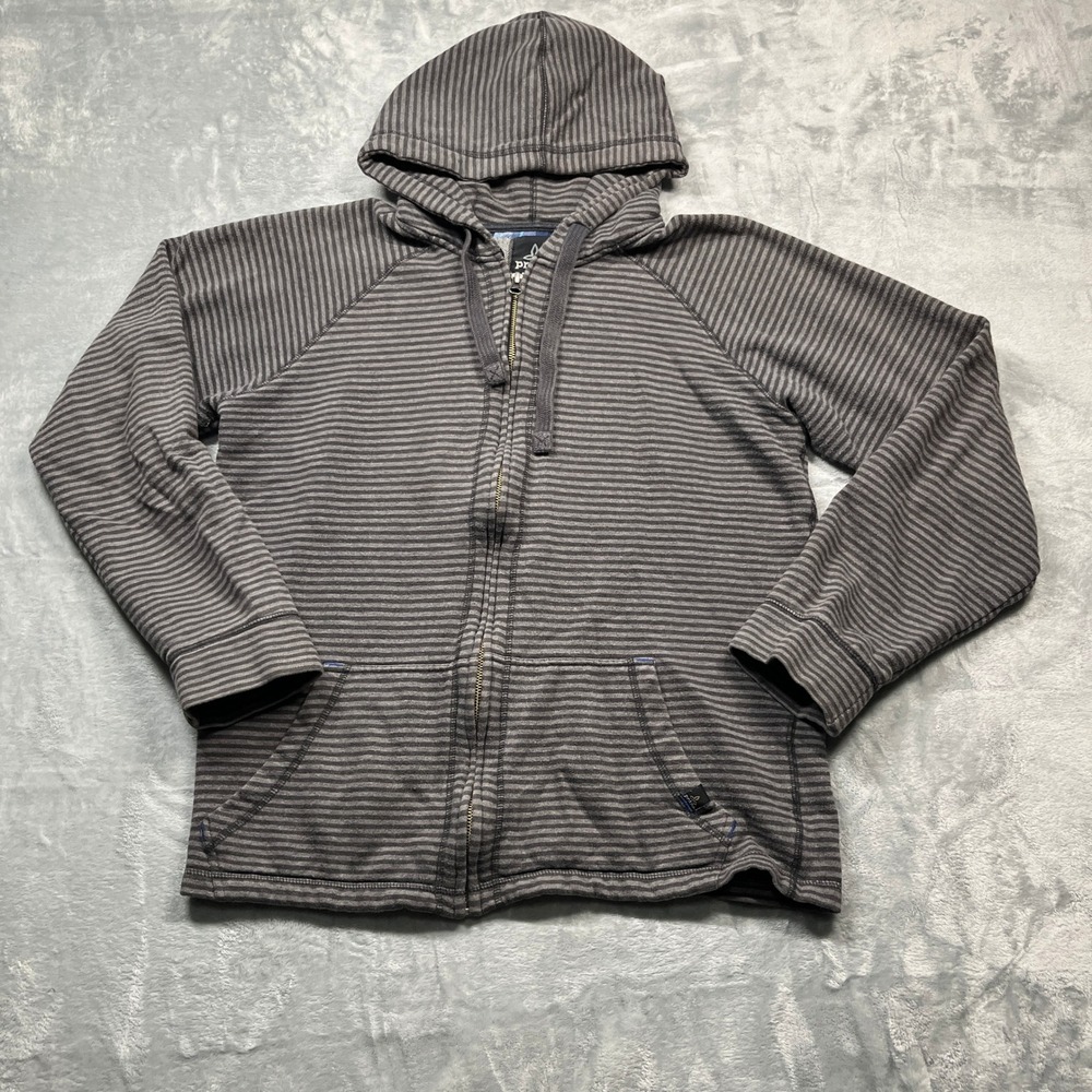 Prana Full Zip Hoodie Mens Gray Striped Raglan Sleeve Casual Jacket Size Large